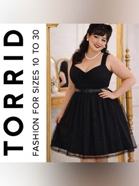 Torrid Black Retro Chic Flock Dot Mesh Fit & Flare Swing Dress, Large, NWT!